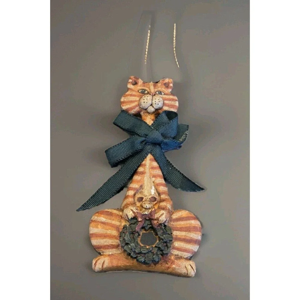 Kurt Adler Yellow Stripe Cat with Mouse & Wreath Christmas Ornament